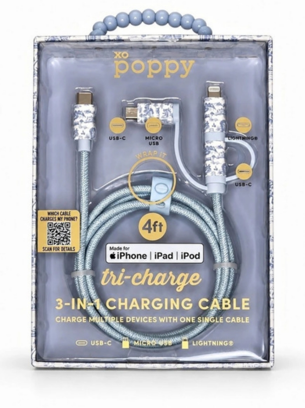 Poppy Tri-Charge 4ft 3-in-1 Charging Cable NWT